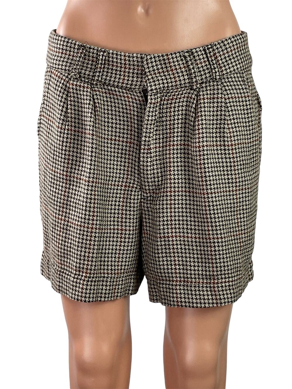 Free People Women's Beige Houndstooth Pleated High Rise Mini Shorts Size 2